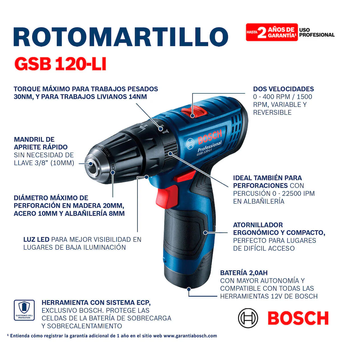 Taladro percutor 3/8" 12V 2 bat + 23 Acc GSB 120-LI Bosch - Image 7